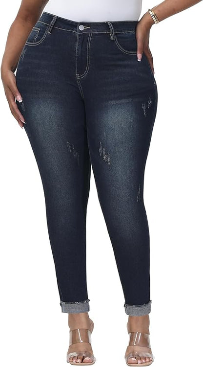Womens Plus Size Skinny Jeans Stretchy High Waisted Classic Ankle Jean