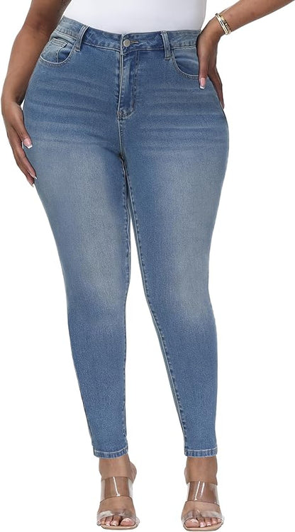 Womens Plus Size Skinny Jeans Stretchy High Waisted Classic Ankle Jean