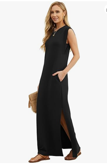 2025 Women Summer Round Neck Casual Loose Split Wrinkle-Free Long Maxi Beach Dress with Pockets (XS-3XL)