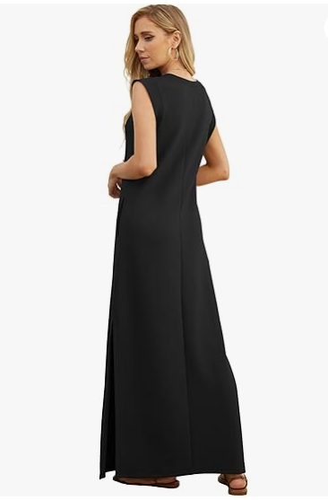 2025 Women Summer Round Neck Casual Loose Split Wrinkle-Free Long Maxi Beach Dress with Pockets (XS-3XL)