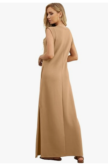 2025 Women Summer Round Neck Casual Loose Split Wrinkle-Free Long Maxi Beach Dress with Pockets (XS-3XL)