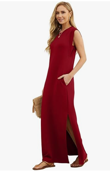 2025 Women Summer Round Neck Casual Loose Split Wrinkle-Free Long Maxi Beach Dress with Pockets (XS-3XL)