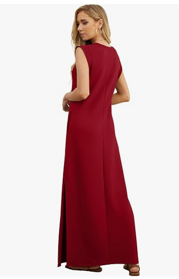 2025 Women Summer Round Neck Casual Loose Split Wrinkle-Free Long Maxi Beach Dress with Pockets (XS-3XL)