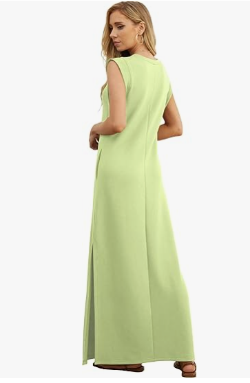 2025 Women Summer Round Neck Casual Loose Split Wrinkle-Free Long Maxi Beach Dress with Pockets (XS-3XL)