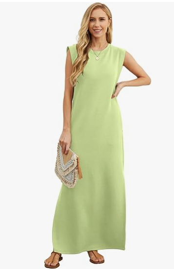 2025 Women Summer Round Neck Casual Loose Split Wrinkle-Free Long Maxi Beach Dress with Pockets (XS-3XL)
