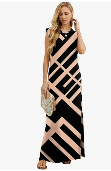 2025 Women Summer Round Neck Casual Loose Split Wrinkle-Free Long Maxi Beach Dress with Pockets (XS-3XL)