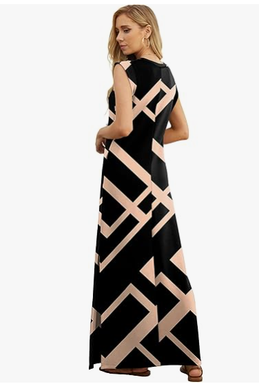 2025 Women Summer Round Neck Casual Loose Split Wrinkle-Free Long Maxi Beach Dress with Pockets (XS-3XL)