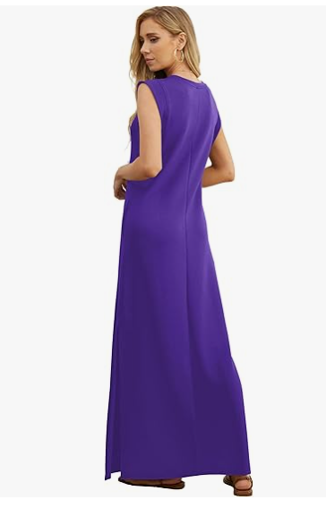 2025 Women Summer Round Neck Casual Loose Split Wrinkle-Free Long Maxi Beach Dress with Pockets (XS-3XL)