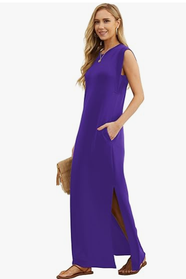 2025 Women Summer Round Neck Casual Loose Split Wrinkle-Free Long Maxi Beach Dress with Pockets (XS-3XL)
