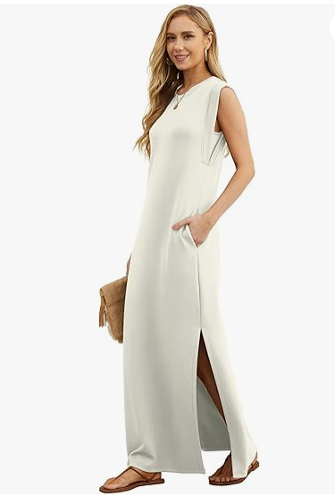 2025 Women Summer Round Neck Casual Loose Split Wrinkle-Free Long Maxi Beach Dress with Pockets (XS-3XL)