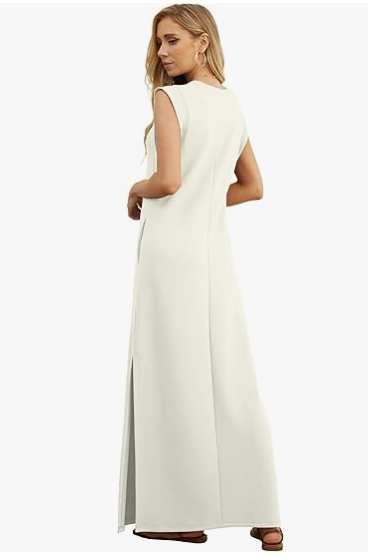 2025 Women Summer Round Neck Casual Loose Split Wrinkle-Free Long Maxi Beach Dress with Pockets (XS-3XL)