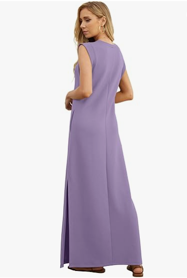 2025 Women Summer Round Neck Casual Loose Split Wrinkle-Free Long Maxi Beach Dress with Pockets (XS-3XL)
