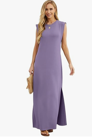 2025 Women Summer Round Neck Casual Loose Split Wrinkle-Free Long Maxi Beach Dress with Pockets (XS-3XL)